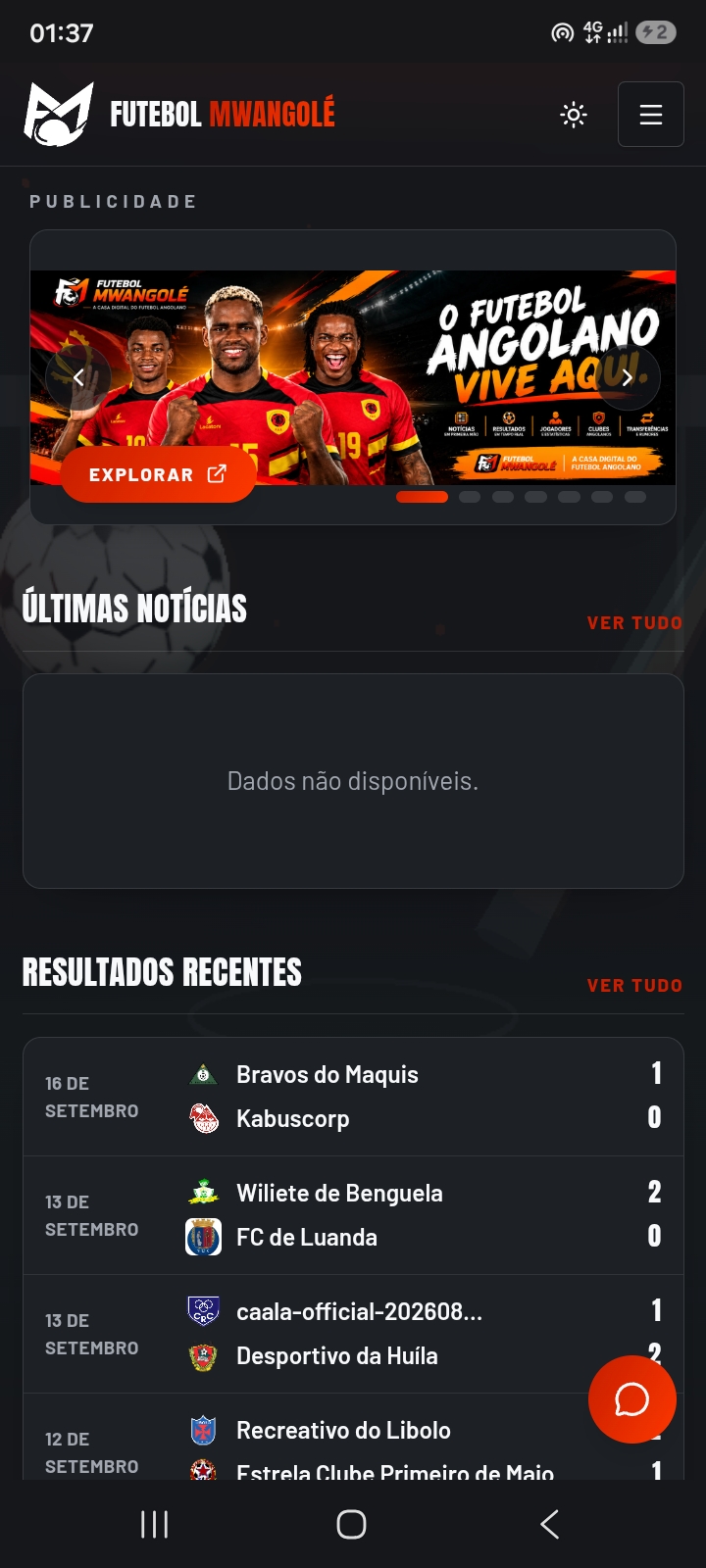 Interface real do portal Futebol Mwangolé